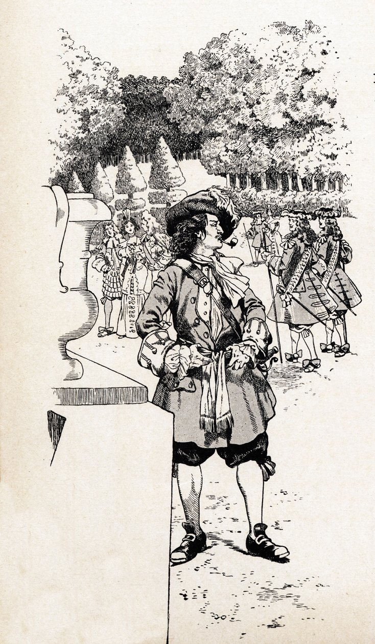 König Ludwig XIV. von Frankreich genannt Sonnenkönig (1638-1715) mit seinen Höflingen in den Gärten von Versailles. Illustration von Job (Jacques Marie Gaston Onfray und Breville) für das Buch 