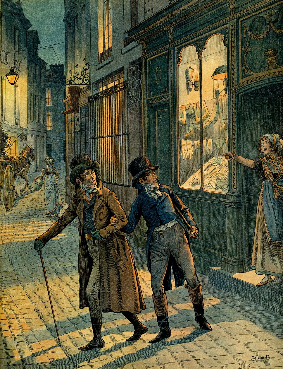 Louis Antoine Fauvelet de Bourrienne und Napoleon I. Bonaparte inkognito in den Straßen von Paris. Illustration von Jacques Marie Gaston Onfray de Breville, genannt JOB von pseudonym for Onfray de Breville Jacques Job
