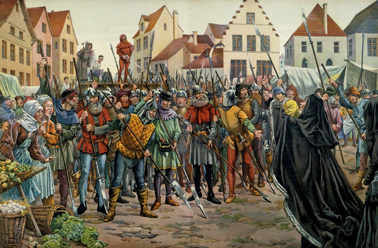 Maria von Burgund (1457-1482), Herzogin von Burgund, forderte 1477 Gnade für ihre Berater. Illustration von Jacques Marie Gaston Onfray de Breville dit JOB (1858-1931) in „Louis XI“ von pseudonym for Onfray de Breville Jacques Job