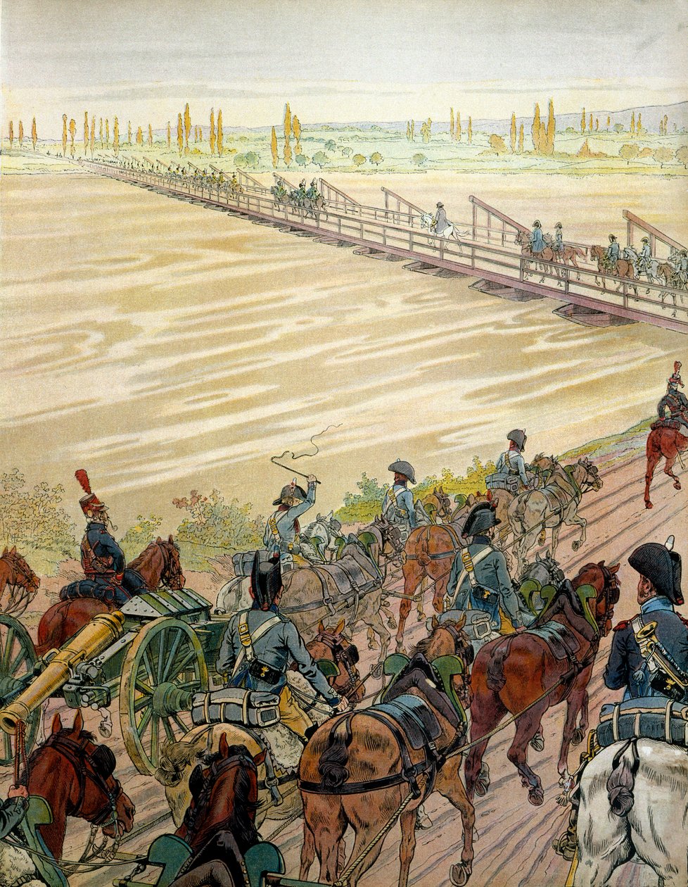 Napoleon I. Bonaparte (1769-1821) und seine Armee überquerten den Rhein am 1. Oktober 1805. In „Napoleon“ von Georges Montorgueil. Illustration von Jacques Marie Gaston Onfray de Breville, genannt JOB (1858-1931) von pseudonym for Onfray de Breville Jacques Job