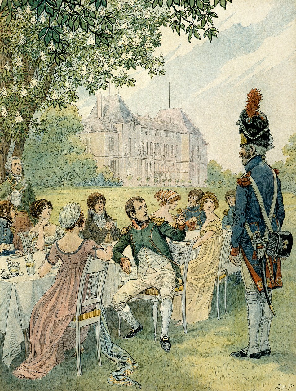 Napoleon I. Bonaparte bei einem Mittagessen in den Gärten des Schlosses von Malmaison. Illustration von Jacques Marie Gaston Onfray de Breville, genannt JOB von pseudonym for Onfray de Breville Jacques Job