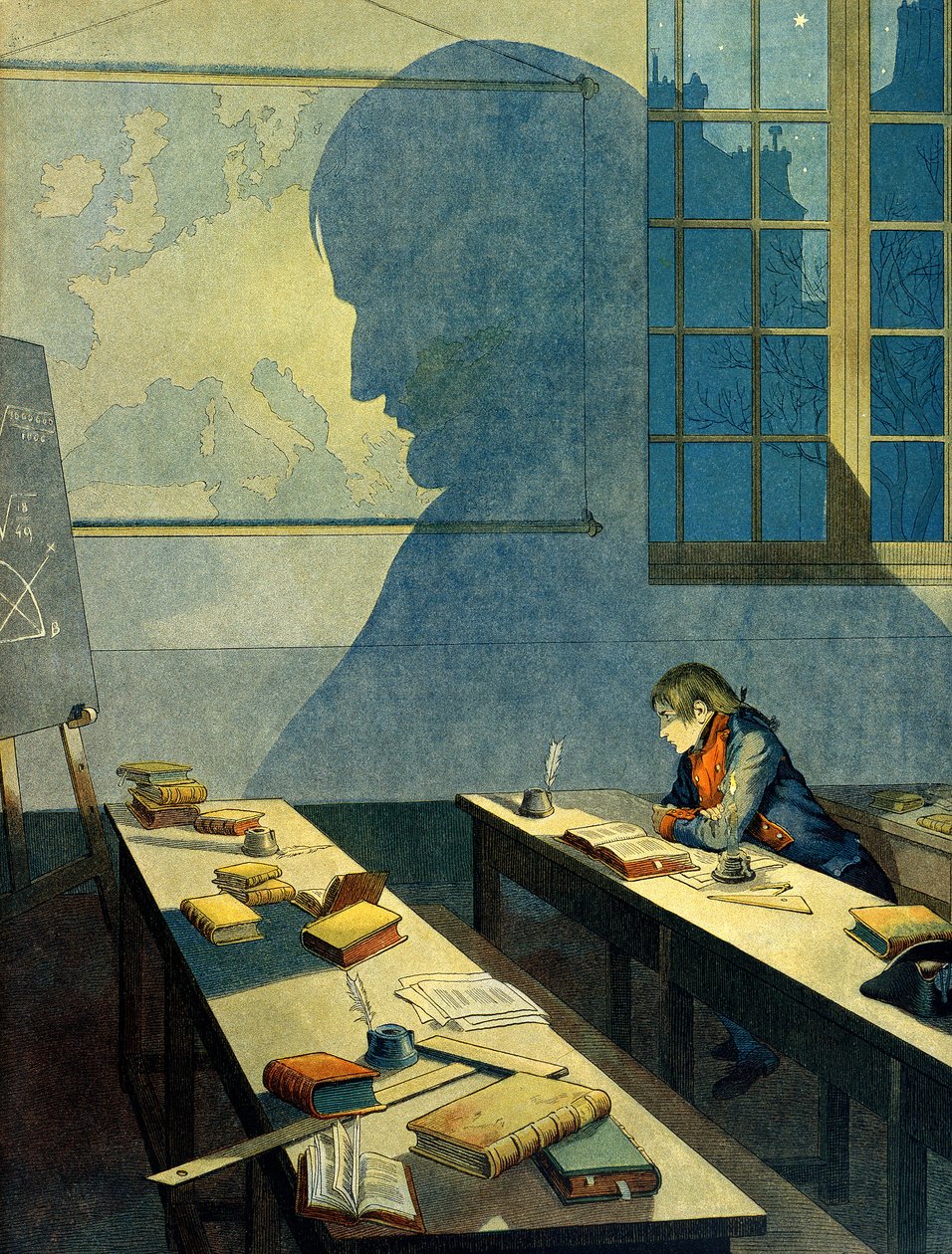 Napoleon I. Bonaparte (1769-1821) studiert an der Königlichen Militärschule von Brienne (Schule der Minimes in der Aube, Champagne Ardennes). Sein Schatten fällt auf die geografische Karte Europas. Illustration von Jacques Marie Gaston Onfray de Breville,  von pseudonym for Onfray de Breville Jacques Job