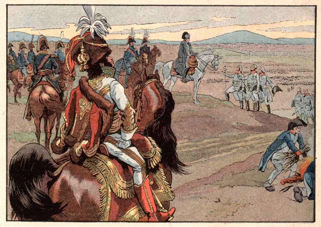 Napoleon I. Bonaparte (1769-1821) mit Joachim Murat (1767-1815) während der Kapitulation von Ulm im Jahr 1805. Gravur von Jacques Marie Gaston Onfray de Breville dit Job (1858-1931) von pseudonym for Onfray de Breville Jacques Job