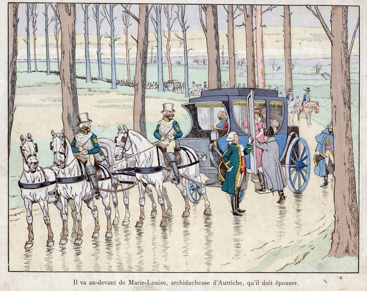 Napoleon trifft Erzherzogin Marie-Louise von Österreich - 1810 - Lithografie von Job (Jacques Onfroy de Bréville) aus „Le Grand Napoléon des Petites Enfants“ 1893. von pseudonym for Onfray de Breville Jacques Job