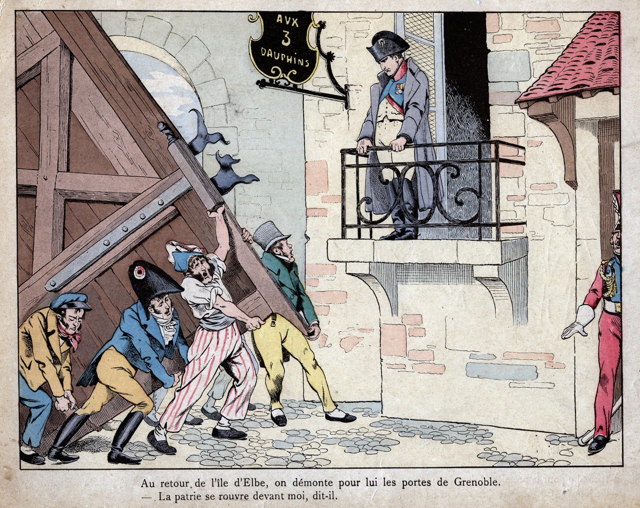 Napoleon sammelt seine Soldaten in Grenoble bei seiner Rückkehr von der Insel Elba - Die Stadt Grenoble öffnet Napoleon bei seiner Rückkehr aus dem Exil auf Elba am 7. März 1815 ihre Tore - Lithografie von Job (Jacques Onfroy de Bréville) aus „Le Grand Nap von pseudonym for Onfray de Breville Jacques Job