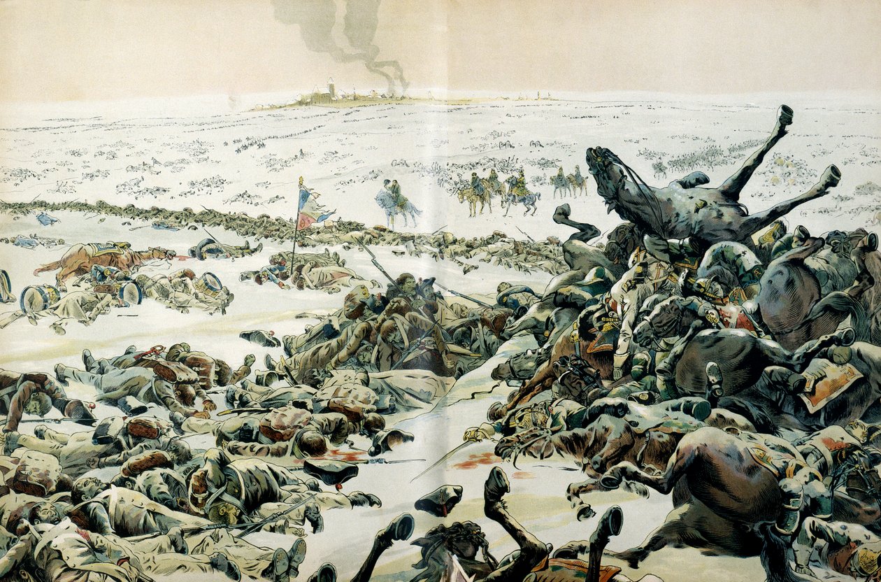 Preußen- und Polenfeldzug (1806-1807): Am Tag nach dem Sieg von Eylau besuchte Napoleon I. Bonaparte (1769-1821) am 9. Februar das Schlachtfeld und die zahlreichen Verluste auf dem Boden von pseudonym for Onfray de Breville Jacques Job
