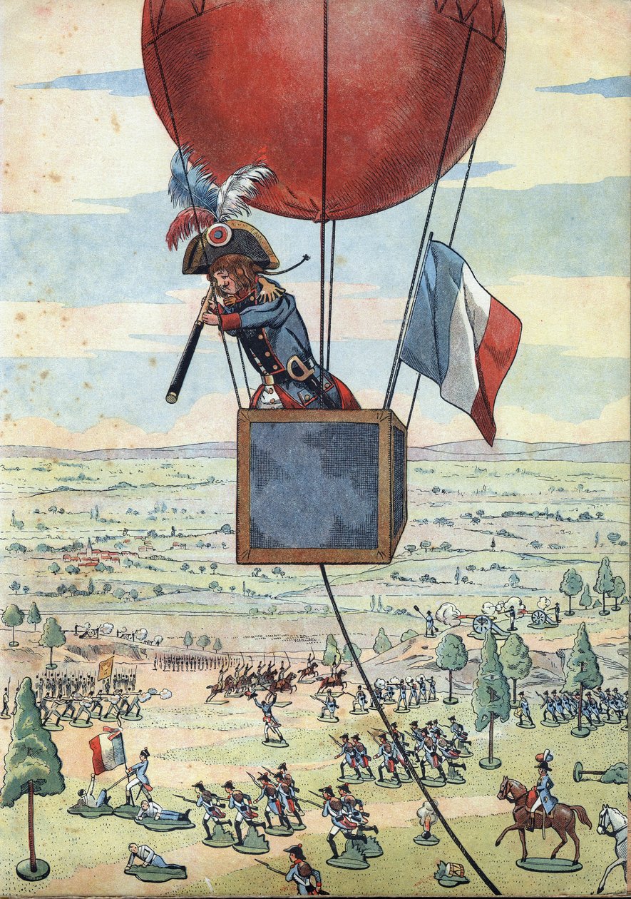 Szene aus der Geschichte Frankreichs in Spielzeugen: Die Schlacht von Fleurus am 26. Juni 1794 und der erste Einsatz eines Beobachtungsballons durch Hauptmann Jean Marie Joseph Coutelle (1748-1835) mit einem Fernrohr - In „Jouons à l