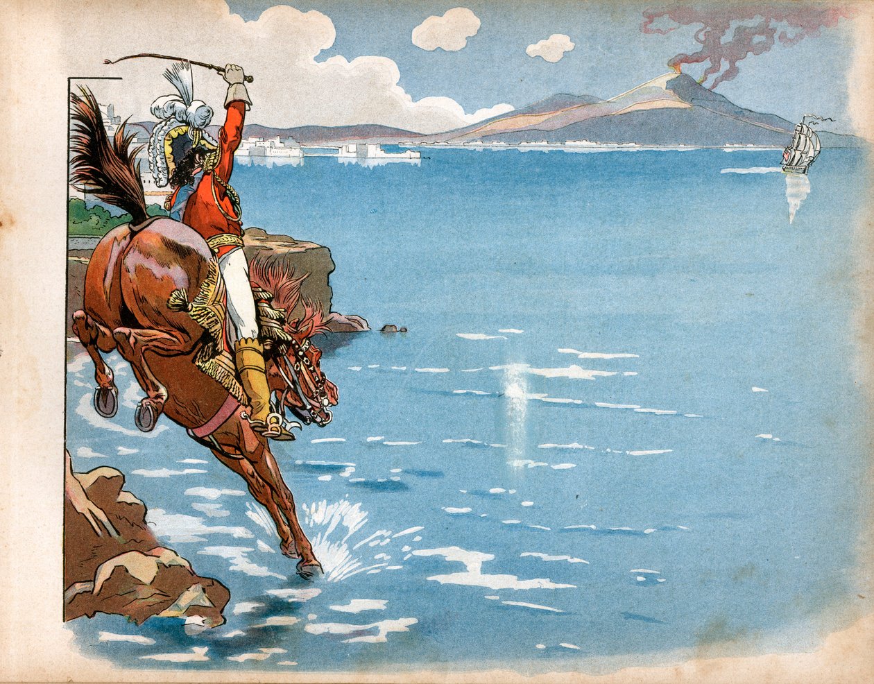 Die Engländer ritten an den Küsten seines Staates, und während er am Strand ritt, sah Joachim Murat (1767-1815), König von Neapel, eine englische Fregatte, trieb sein Pferd ins Wasser und griff an. Gravur von Jacques Marie Gaston Onfray de Breville von pseudonym for Onfray de Breville Jacques Job