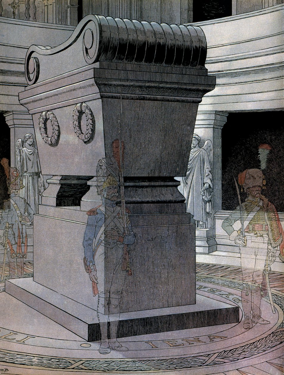 Das Grab von Kaiser Napoleon I. Bonaparte (1769-1821) in den Invaliden mit Geisterwachen. In „Napoleon“ von Georges Montorgueil. Illustration von Jacques Marie Gaston Onfray de Breville, genannt JOB (1858-1931) von pseudonym for Onfray de Breville Jacques Job