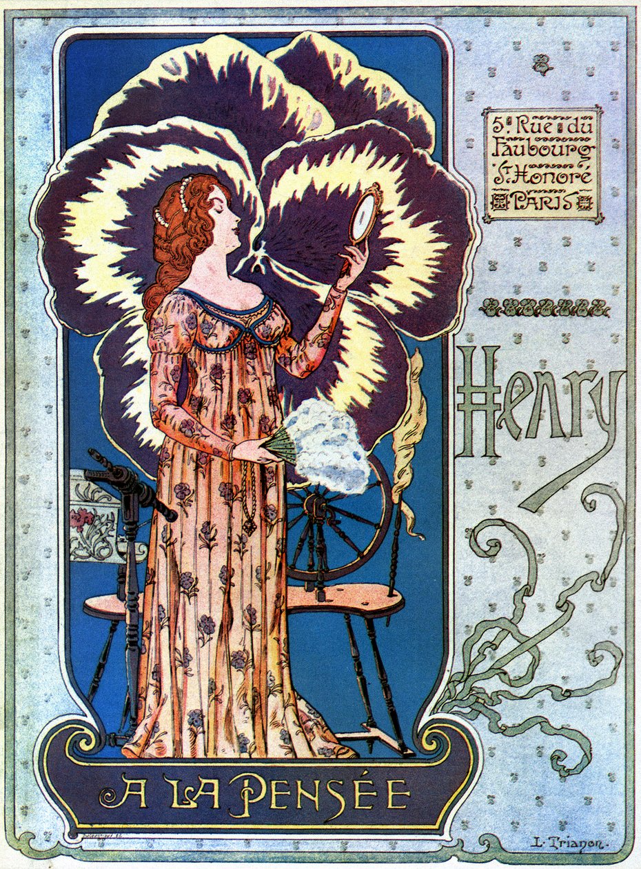 Jugendstil: Werbeplakat für das Kosmetikgeschäft „Henry à la Pensée“ in Paris. Eine junge Frau bewundert sich in einem Spiegel, hinter ihr eine Gedankenblume. Illustration von L. Trianon von pseudonym of Trinquier Louis Trinquier Trianon
