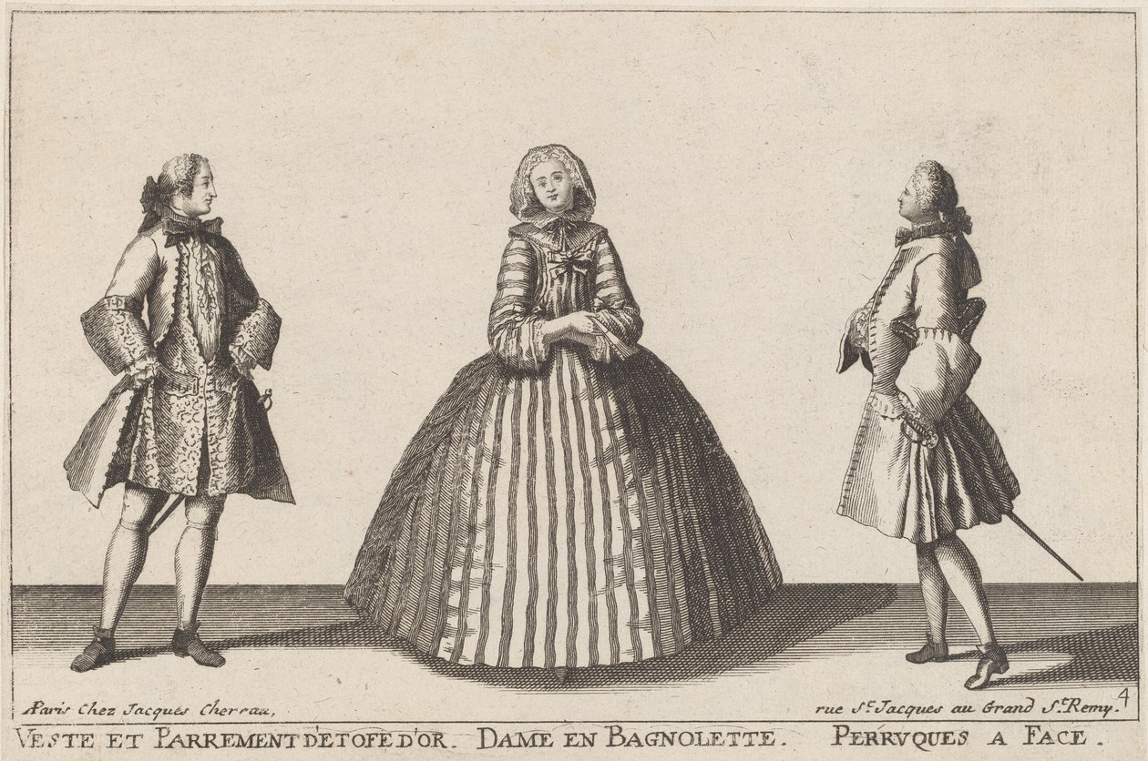 Veste und Parament aus Goldstoff/Dame in Bagnolette/Perücken mit Gesicht von published by Jacques Chéreau
