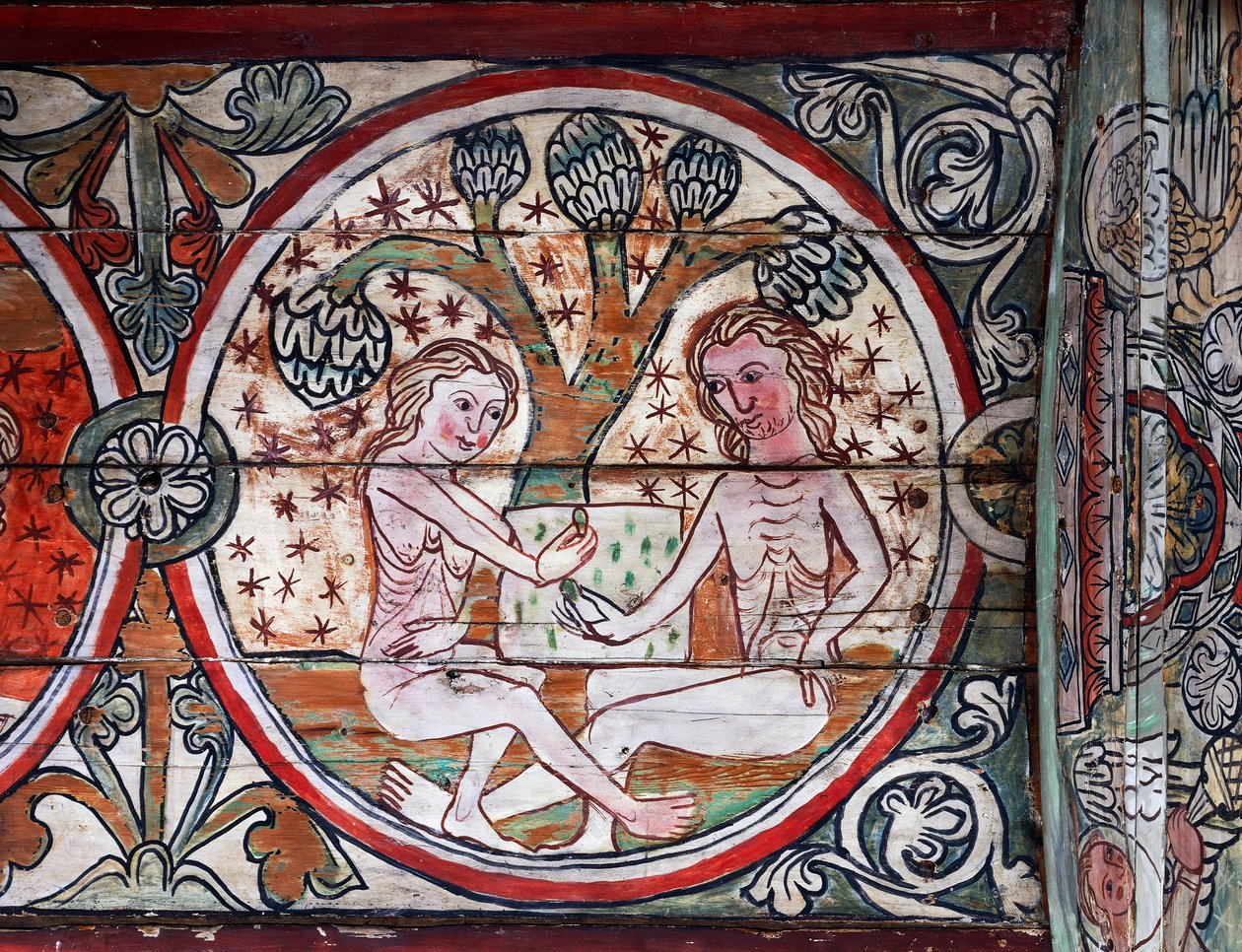 Adam und Eva im Garten Eden, Dekoration aus Al Stavkirke, Norwegen (Fresko) von school Scandinavian