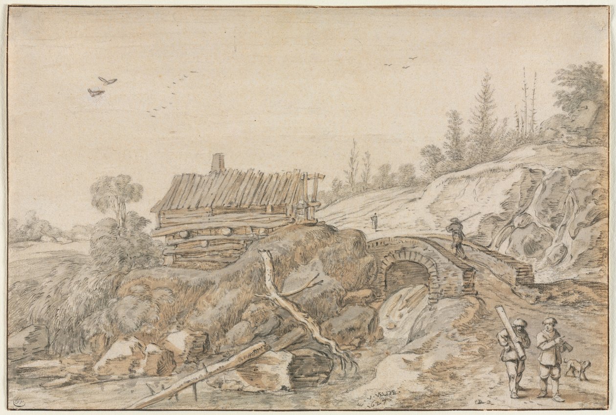 Hügelige Landschaft mit Hütte neben einem Bach von van de Velde Esaias