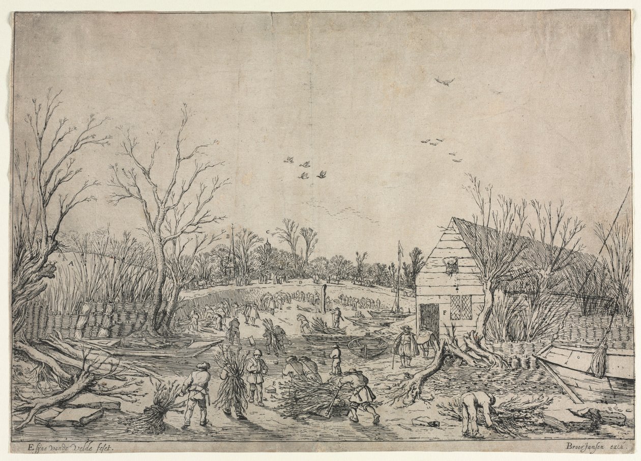 Die große Flut vom 10. Januar 1624 oder Reparatur des gebrochenen Deichs am Fluss Lek bei Vianen, 1624 von van de Velde Esaias
