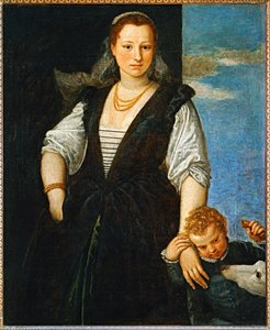 Portrait einer Frau mit einem Kind und einem Hund