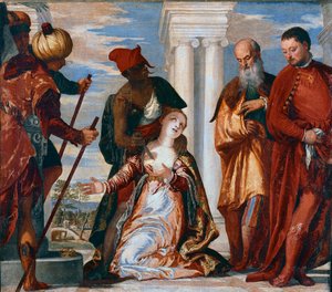 Das Martyrium der heiligen Justina. Heilige Justina von Padua wird mit einem Schwertstich durchbohrt. Gemälde von Paolo Veronese von Veronese