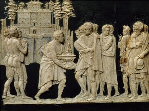 Präsentation des Modells eines Brunnens in Pratolino an Francesco I., von Jean de Boulogne alias Giambologna (1529-1608), Wachskachel