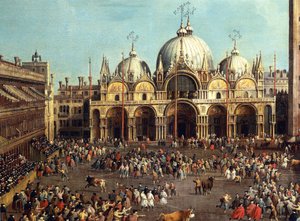 Stierkampf oder Stierjagd auf der Piazza San Marco, von Giovanni Antonio Canal, bekannt als Canaletto und Giovanni Battista Cimaroli