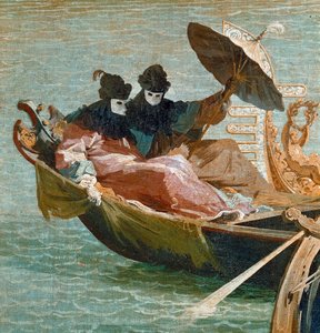 Die Verlobung des Dogen von Venedig mit der Adria: Detail von zwei Figuren mit Maske und Regenschirm auf einer Gondel (Öl auf Leinwand, ca. 1729) von Canaletto