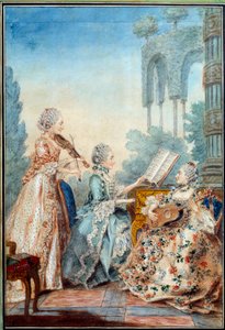 Die drei Töchter des Komponisten Joseph Nicolas Pancrace Royer spielen die Partitur des Balletts Zaide, Aquarell von Louis Carrogis Carmontelle