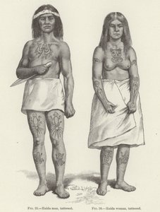 Tätowierte Haida-Frau und -Mann (Gravur)