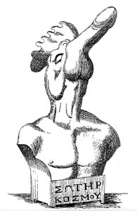 Antike griechische oder hellenistische Bronzeskulptur, die einen menschlichen Torso mit einem Hahn und Phallus als Kopf und der griechischen Inschrift 