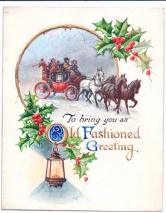 Originalkunstwerk für eine Weihnachtskarte mit einer Postkutsche, einer Laterne und Stechpalmen, ca. 1952 von (after) English School