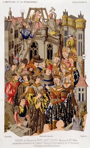 Szene aus der Geschichte von Fort Roy de Clovis. Geheimnis des 15. Jahrhunderts, das die Gründung der Kirche St. Peter und St. Paul, heute Saint Genevieve, darstellt. (aus der) Bemalten Leinwand der Stadt Reims.