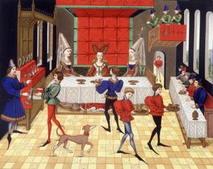Tafelservice in einer Chatelaine - Faksimile einer Miniatur von Renaud de Montaubans Roman