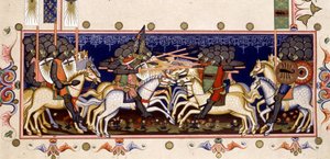 Kampfszene (imaginierte Kreuzzüge) - in "Statuten des Ordens des Heiligen Geistes von Neapel" (Orden des Heiligen Geistes) basierend auf einer Miniatur von 1352 von (after) Italian School