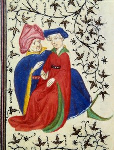 Eine galante Szene. Detail einer Seite des Manuskripts „Les Très Riches Heures du Duc de Berry“ illuminiert vom Meister von Boucicaut. 15. Jahrhundert. Musée Condé, Chantilly
