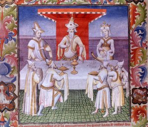 Mahlzeitszene am Tisch des Großen Khan im Land Cathay, Miniatur in „Das Buch der Wunder“ („Devisement of the World“, „Il Milione“), Manuskript fr.2810 (Folio 136), illuminiert vom Meister von Boucicaut und geschrieben von Marco Polo