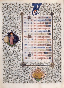 Seite des Manuskripts Les Tres Riches Hours du Duke Francois de Guise, illuminiert vom Meister von Boucicaut: Darstellung der Tierkreiszeichen und Alltagsszenen: der Löwe. 15. Jahrhundert. Musee Conde, Chantilly
