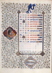 Seite des Manuskripts „Les Très Riches Heures du Duc François de Guise“, illuminiert vom Meister von Boucicaut: Darstellung der Tierkreiszeichen und Alltagsszenen: Fische und ein Mann, der sich vor einem Kamin wärmt. 15. Jahrhundert. Musée Condé, Chantilly von (and workshop) Boucicaut Master