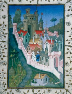 Pierre le Fruitier dit Salmon, ein politischer Abenteurer, trifft den Mönch Notre-Dame des Halles in Avignon vor der Kapelle von Pierre du Luxembourg. Letzterer erzählt ihm von politischer Propaganda. Im Norden der Stadt befindet sich der Papstpalast. von (and workshop) Boucicaut Master