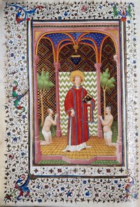 Darstellung des Heiligen Leonhard (6. Jahrhundert), Einsiedler von Limousin, der zwei Gefangene freilässt. Seite des Manuskripts „Les Tres Riches Heures des Herzogs von Guise“ illuminiert vom Meister von Boucicaut. 15. Jahrhundert. Musée Condé, Chantilly von (and workshop) Boucicaut Master