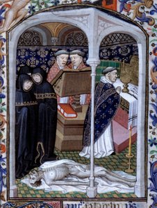 Szene einer Trauerzeremonie und makabren Tanzes. Miniatur aus dem Stundenbuch, verwendet in Paris, illuminiert vom Atelier des Meisters von Boucicaut, ca. 1415. Paris, B.N. von (and workshop) Boucicaut Master