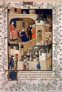 Der politische Abenteurer Peter der Fruchtier genannt Salmon bietet sein Manuskript König Karl VI. (1368-1422) an. Miniatur aus „Antworten an Karl VI. und Klagen“ von Pierre Salmon, illuminiert von der Werkstatt des Meisters von Boucicaut (15. Jahrhundert)