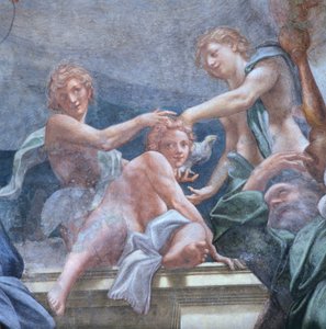 Jugendliche auf dem Balkon, von Antonio Allegri Da Correggio (1489-1534) Detail der Fresken in der Kuppel des Doms von Parma, Italien