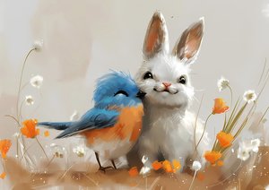 Niedlicher Vogel und Kaninchen Manga-Zeichnung von F. Abderrahim