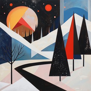 Geometrische Form mit abstrakten Bäumen & Winterlandschaft für Wohnzimmerdeko von F. Abderrahim