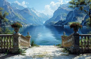 Blick auf einen See und natürliche Landschaft von einem Balkon von F. Abderrahim