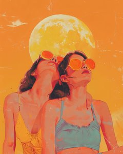 Abstraktes Porträt: Zwei Frauen mit Sonnenbrillen und Sonnenuntergang im Hintergrund von F. Abderrahim