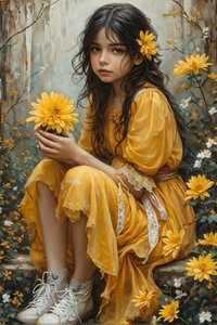 Unschuldiges schönes Mädchen, das Blumen in einer Landschaft hält von F. Abderrahim