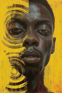Minimalistisches abstraktes Sci-Fi-Gemälde eines schwarzen Mannes von F. Abderrahim
