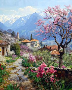 Ein schönes Dorf umgeben von blühenden Pflanzen in einer bergigen Landschaft von F. Abderrahim