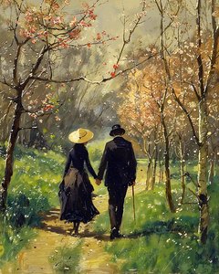 Ein Mann und eine schöne Frau in Liebe gehen inmitten eines Waldes