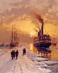 Dampfschiff in der Nähe von gefrorenen Eiskappen