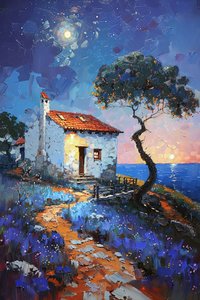Ferienhaus mit Blick auf das Meer unter dem Mondlicht, Landschaften von Portugal von F. Abderrahim