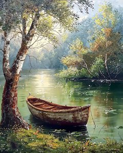 Altes Holzboot im Wasser sitzend Illustration, Wanddekoration Ideen